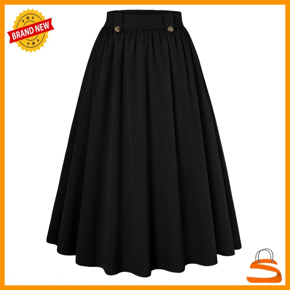 Vintage A-Line Midi Skirt High Waisted Pleated Flowy Office Wear Pockets
